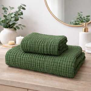 Green Cotton Waffle Weave <b>Bath</b> Towel Set Eco-Friendly Absorbent Soft Texture Bathroom Linen Custom Design <b>Bath</b> And Gym Towels - Product Image 1