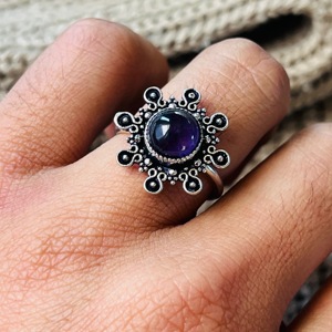 Amethyst <b>Ring</b> <b>Boho</b> Floral Brass <b>Ring</b> 925 Sterling silver Ethnic <b>Ring</b> Oxidized Silver <b>ring</b> for women - Product Image 2