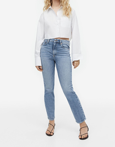 Jean évasé taille haute pour femme, coupe slim polyvalente, jambe large, en denim délavé et perforé, design tendance, OEM - Product Image 1