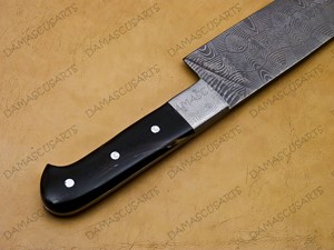 Herramienta de corte multiusos para exteriores de acero de Damasco hecha a mano OEM con mango de compuesto negro, refuerzo de acero de Damasco y cuero genuino - Product Image 3