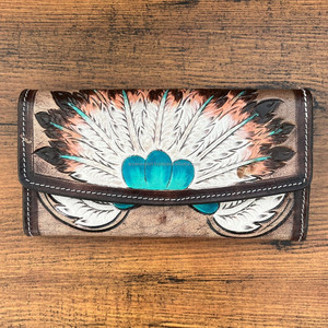 กระเป๋าสตางค์หนังแท้ที่ทำมือสำหรับผู้หญิงลายนูนขนนกตะวันตกกระเป๋าสตางค์หนังแท้ทนทานหนังวัวคลัทช์ลายดอกไม้ - Product Image 2