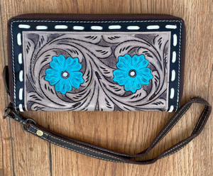 Portefeuille en cuir véritable taillé à la main sculpture pochette bracelet couleur Turquoise fleur multi-usages pour femmes multi-usages Offre Spéciale - Product Image 4