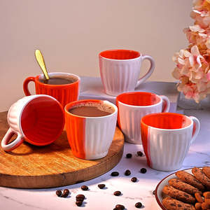 Dynamic Ceramic Tea <b>Cup</b> Set of 6 Glazed Microwave Safe Pottery Mugs with Saucers for <b>Camping</b> and Hiking - Product Image 3