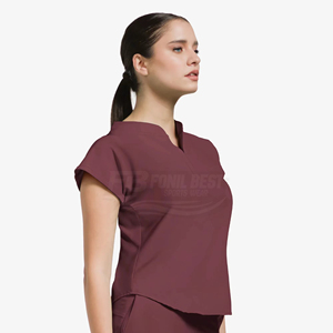 Women <b>Maroon</b> Knitted Scrub <b>Top</b> With V-Neck Design For Medical Staff Hospital Uniforms - Product Image 3