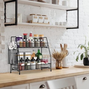 Black Metal 2 Tier Kitchen Rack For <b>Spice</b> <b>Jar</b> Oil Sauce Bottle Storage And Side Space For Cutlery And Sachets From India - Product Image 5