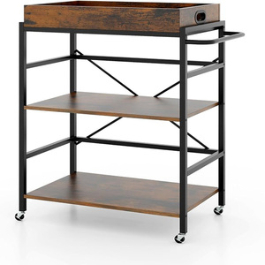 Chariot de bar moderne noir en métal et bois, combinaison bois et métal, 4 roues pivotantes, étagère de rangement - Product Image 2