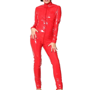 Women's <b>Red</b> PU Coated Long Sleeve Zipper Jumpsuit High Waist Skinny Fit Turtleneck Full Length Solid Color Clubwear - Product Image 4