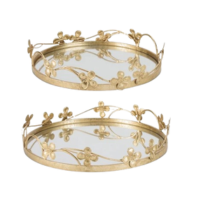 Modern Metal Frame Desktop Rounded Gold Floral Casted Frame Stainless Steel <b>Tray</b> Decorative Perfume Mirrored Storage <b>Vanity</b> <b>Tray</b> - Product Image 1
