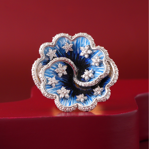 Blue Enamel Flower <b>Ring</b> with Lab Grown Diamond 14K Gold VVS-VS DEF Statement Elegant <b>Fine</b> Jewelry - Product Image 1