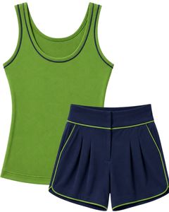 Ensemble décontracté deux pièces pour femme, débardeur vert herbe personnalisé par le fabricant avec short à passepoil bleu marine, tenue de détente douce pour l'été - Product Image 1