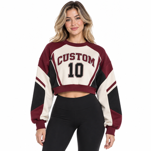 Sweat-shirt à capuche court pour femme, color block personnalisé, manches raglan, imprimé lettres, pour tenue d'équipe - Product Image 1