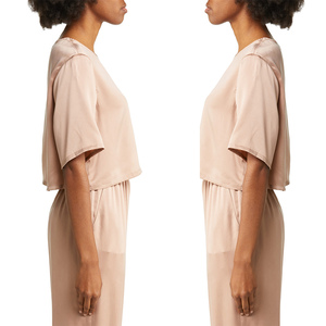 ODM/OEM Women's Summer Short Sleeve Ice Silk Sleeping Skirt Pajamas Crop Top Silk Shirt With High Waist <b>Pant</b> Sexy Set For Ladies - Product Image 4