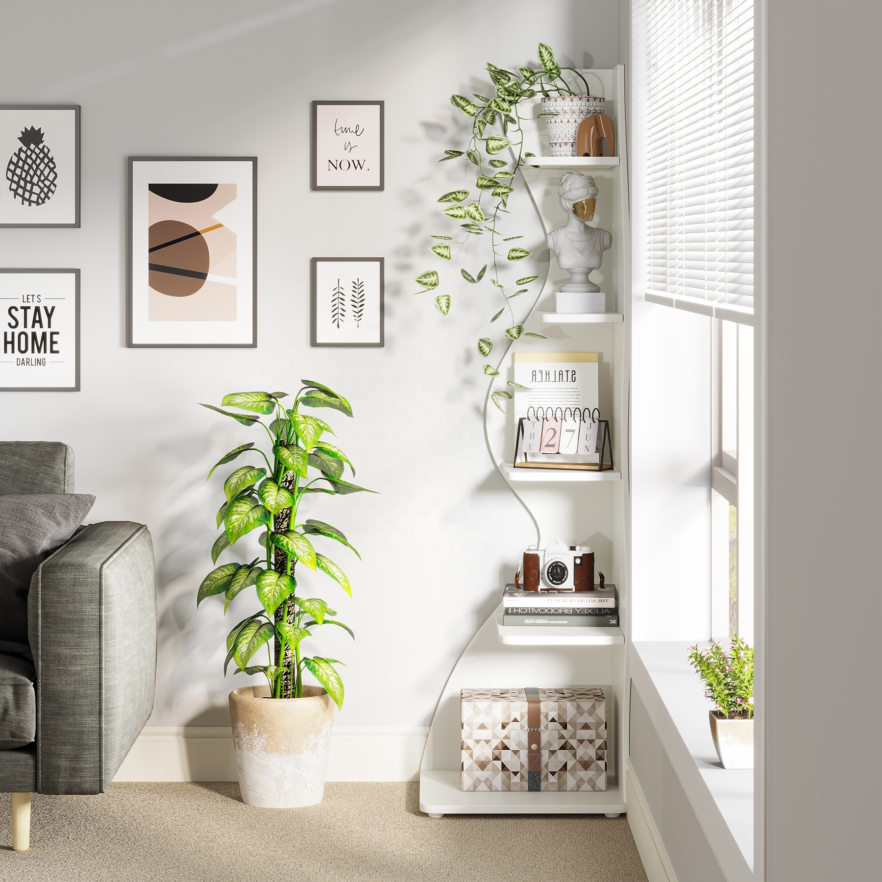 Étagère Murale D'Angle 5 Niveaux – Meuble De Rangement Blanc Pour Salon, Chambre, Salle De Bain | Panneau PVC Résistant, Design Flottant, Économiseur D'Espace