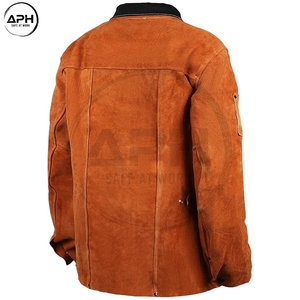 Heavy Duty Split Leather Welding Work <b>Coat</b> Long Sleeve <b>Stand</b> Collar Front Button Welder Jacket Industrial Workshop Apparel - Product Image 2