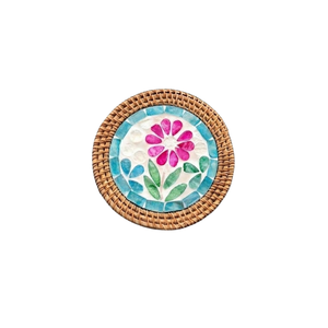 Professional Grade Rattan-Edged Shell <b>Coaster</b> - High-<b>Heat</b> Resistance Mother-of-Pearl Pad - Artisan Kitchen Decor - Product Image 1