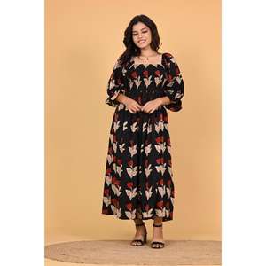 Robe longue en coton imprimée à la main pour femme, style bohème, coupe trapèze, taille élastique, pour l'automne et l'été, tenue décontractée quotidienne - Product Image 1