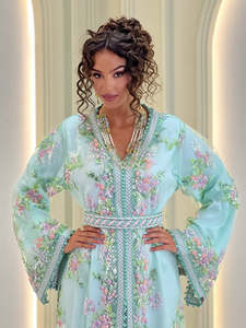 Mint <b>Green</b> <b>Silk</b> Kaftan Dress Women Embroidered V Neck Long Sleeve Modest Muslim Abaya Eid Party Gown - Product Image 5