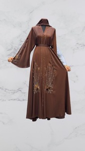 2026Shawl Collar V Neck Floor Length Modest Beaded <b>Abaya</b> Embroidery Detail Women Solid Color Long Sleeve Polyester <b>Wedding</b> - Product Image 3