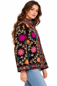Premium Handmade Embroidered Bomber <b>Jacket</b> <b>Women</b> <b>Velvet</b> Floral Needlework Coat Maria Garments Cotton Shell Eco-Friendly - Product Image 4