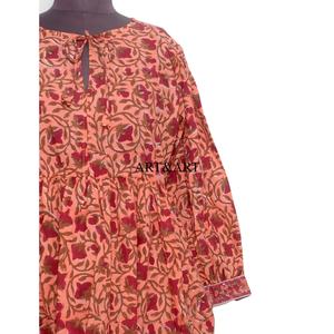 Hermoso Vestido Vintage de Mujer, 100% Algodón Tejido, Corte en A, Estampado Floral Hecho a Mano, Cuello Redondo, Mangas Abullonadas, para Vacaciones, Playa - Product Image 2