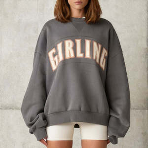 Sweat-shirt gris oversize à col rond et manches longues pour femme, style universitaire, décontracté, vintage, hiver, pull à enfiler - Product Image 1