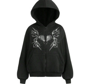 <b>Black</b> Rhinestone Heart <b>Wings</b> Zip-Up Hoodie Unisex Oversized Casual Autumn Wear Knitted Polyester Sweatshirt - Product Image 1