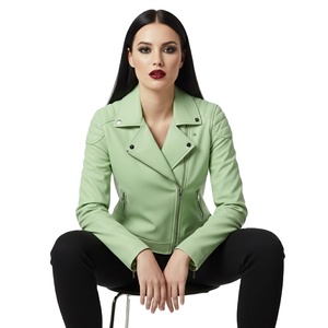 เสื้อแจ็คเก็ตมอเตอร์ไซค์หนังแท้สีเขียวอ่อน โลโก้สั่งทำ สำหรับผู้หญิง ขายส่งจำนวนมาก แบรนด์ส่วนตัว สไตล์ไบค์เกอร์ ผลิตจากโรงงาน - Product Image 1