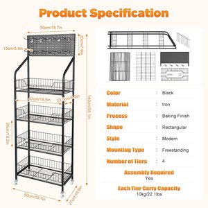 Estante Metálico Multiusos de 4 Niveles con Ruedas y Panel para Colgar, para Tiendas Minoristas y Almacenamiento en el Hogar - Product Image 6