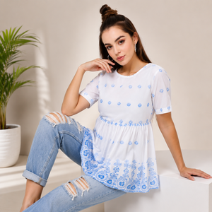 Blusa Peplum de Algodón con Estampado Floral Blanco para Mujer, Manga Corta, Cuello Redondo, Corte Holgado, Informal, para Primavera/Verano - Product Image 5