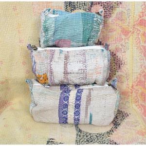 Juego de 3 Bolsas Organizadoras de Cosméticos para Mujer, Acolchadas, Vintage, Grandes, Ecológicas, Portátiles, con Cierre y Borlas, 100% Kantha, Venta al Por Mayor - Product Image 6