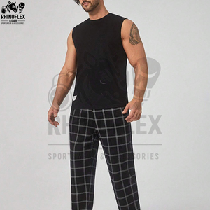 New Stylish Lightweight Breathable Eco-friendly Casual Men's Sleepwear <b>Trousers</b> Full Length Loose Fit Plaid Design Canvas - Product Image 2