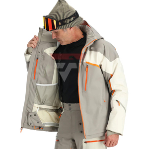 Veste de ski à capuche pour homme, gris et orange, avec blocs de couleur, imperméable, fermeture éclair, isolation synthétique, vêtements d'extérieur, softshell, hiver - Product Image 2
