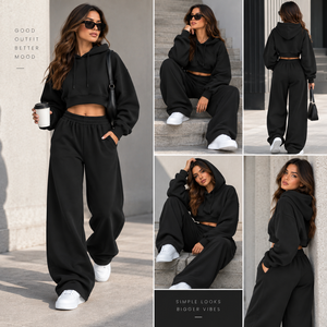 <b>Women's</b> Black Hooded Tracksuit Set Full Sleeve Solid Color Loose Fit Casual Sweatshirt And <b>Pants</b> With Side Pockets - Product Image 5
