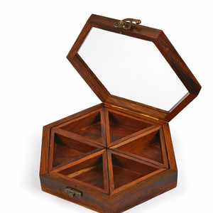 Boîte à épices en bois élégante hexagonale de haute qualité en gros d'artisanat en bois avec 6 conteneurs pour emballer des signes de mur - Product Image 1