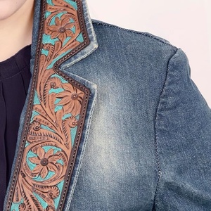 Manteau en jean pour femmes avec sculpture à la main Veste en cuir Western Veste de sport Western Blazer de sport pour femmes Veste en cuir pour femmes - Product Image 4