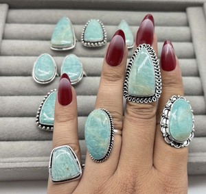 Natural Amazonite Brass <b>Ring</b> 925 Silver Plated Gemstone Trendy Assorted Designer Unisex Wholesale <b>Ring</b> - Product Image 1