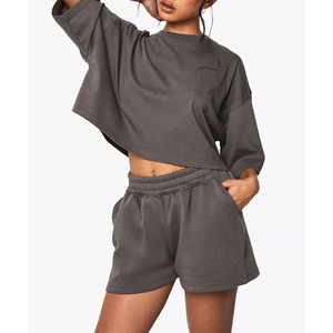 Exporter & Clothing Manufacturer Adjustable Waist Shorts & Drop Shoulder Crop Top T Shirts Sets Custom Made Shorts Set - Product Image 1