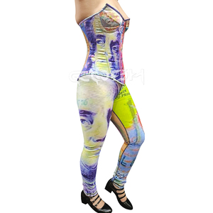 Ensemble coordonné de luxe imprimé billet de banque, comprenant un corset bustier à baleines en acier et un legging assorti - Product Image 2