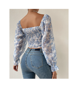 Blusa de Georgette Estampada con Flores, Mangas Largas Asimétricas para Mujer, Ligera, Cómoda, Elegante, Informal, para Salir, Fiestas, Viajes - Product Image 2