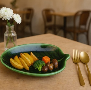 Green Leaf Shape <b>Ceramic</b> Serving <b>Plate</b> Elegant Design <b>Ceramic</b> Dinner <b>Plate</b> Premium Green Stoneware Leaf <b>Plate</b> - Product Image 1