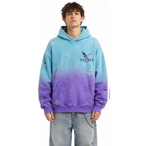 Sweat-shirt à capuche tie-dye bleu violet, pull en tricot déchiré avec poche avant, streetwear - Product Image 2