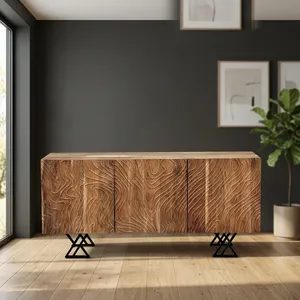 Buffet vintage en bois indien recyclé à trois portes, meuble TV avec pieds en métal, meuble de rangement rustique - Product Image 4