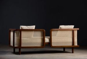 Scandinavian Style Wooden Daybed with Cane Panels and Soft <b>Beige</b> <b>Cushions</b> for Home Interior - Product Image 2