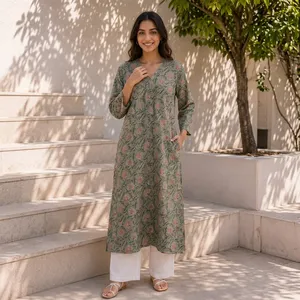Kurti vert à imprimé floral pour femme, col en V, manches trois quarts, coupe droite, tunique longue ethnique, tenue décontractée traditionnelle pour tous les jours - Product Image 5