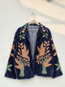 Chaqueta Bordada de Terciopelo de Algodón Azul Marino Hecha a Mano para Mujer, Cierre Frontal Oculto, Forro de Algodón Suave, Ropa Exterior de Moda Boho Vintage - Product Image 1