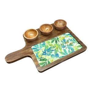 Plateau de service rond en bois artisanal avec bordure incrustée rayée – Plateau décoratif pour table et décoration de Noël - Product Image 3