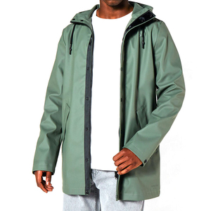 Unisex Olive Green Hooded Stand Collar <b>Long</b> Waterproof PU Coated Thin Hard Shell <b>Jacket</b> Single Button Closure Regular Fit All - Product Image 5