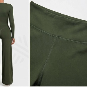 Ensemble de yoga 2 pièces North Approach vert olive, haut court à manches longues et pantalon long taille haute, sans couture, respirant, pour femme - Product Image 3