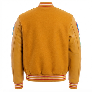 Blouson universitaire moutarde personnalisé style Letterman, bomber de baseball, streetwear pour femme, vintage, avec patch brodé, devant en maille, sans manches 3D - Product Image 2