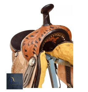 Silla de montar western de cuero tópico con grabado floral, asiento de gamuza negra, accesorios de acero inoxidable y juego de arreos, de 10 a 18 pulgadas - Product Image 5